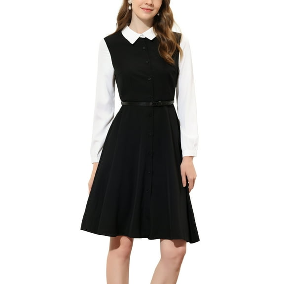 MODA NOVA Juniors Contrast Turn Down Collar Long Sleeve Button Belt Shirt Dress