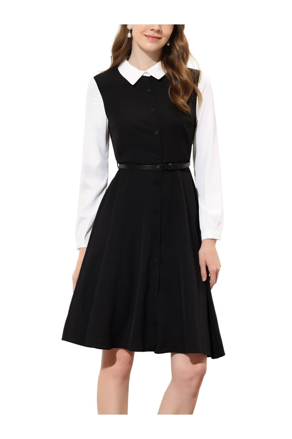 Juniors Contrast Turn Down Collar Long Sleeve Button Belt Shirt Dress