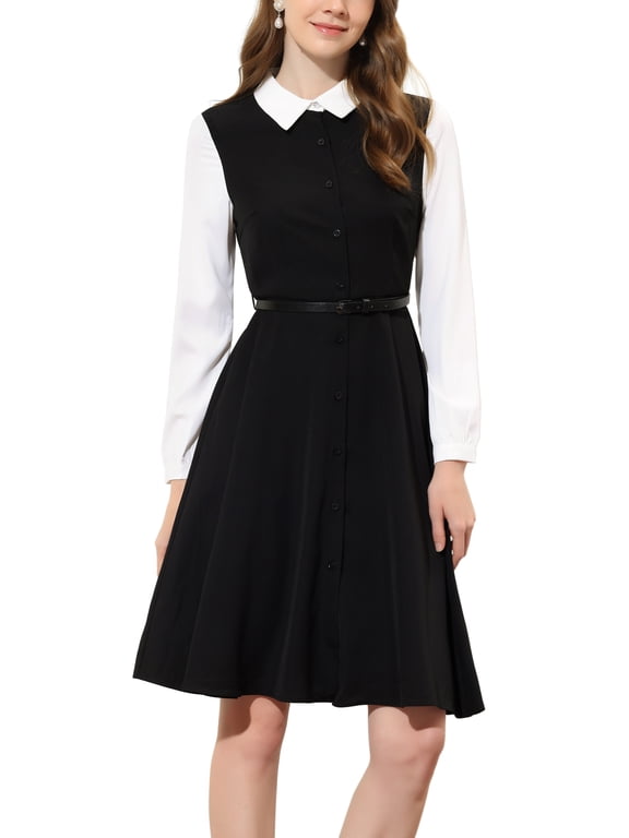 Juniors Contrast Turn Down Collar Long Sleeve Button Belt Shirt Dress