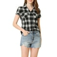 thumbnail image 1 of MODA NOVA Juniors Cotton Boyfriend Button Front Short Sleeves Plaid Shirt XS Black, 1 of 6