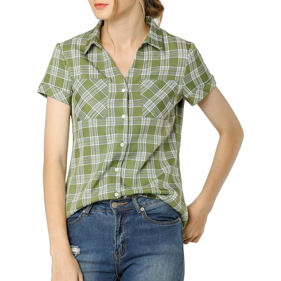 MODA NOVA Juniors Cotton Boyfriend Button Front Short Sleeves Plaid Shirt L Light Green