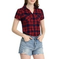thumbnail image 1 of MODA NOVA Juniors Cotton Boyfriend Button Front Short Sleeves Plaid Shirt S Red Blue, 1 of 6