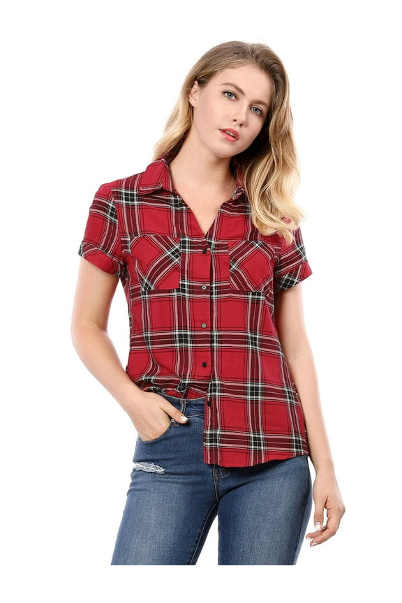 Juniors Cotton Boyfriend Button Front Short Sleeves Plaid Shirt M Red