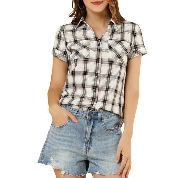 MODA NOVA Juniors Cotton Boyfriend Button Front Short Sleeves Plaid Shirt L White Black