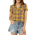 thumbnail image 1 of MODA NOVA Juniors Cotton Boyfriend Button Front Short Sleeves Plaid Shirt L Yellow, 1 of 7