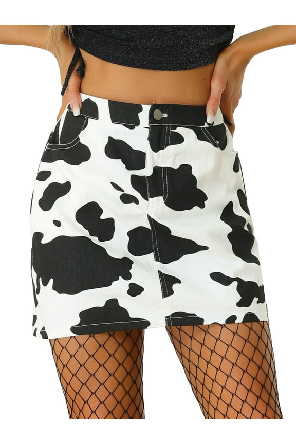 Juniors Cow Print Casual Elastic Back High Waist Mini Short Skirt White Black M