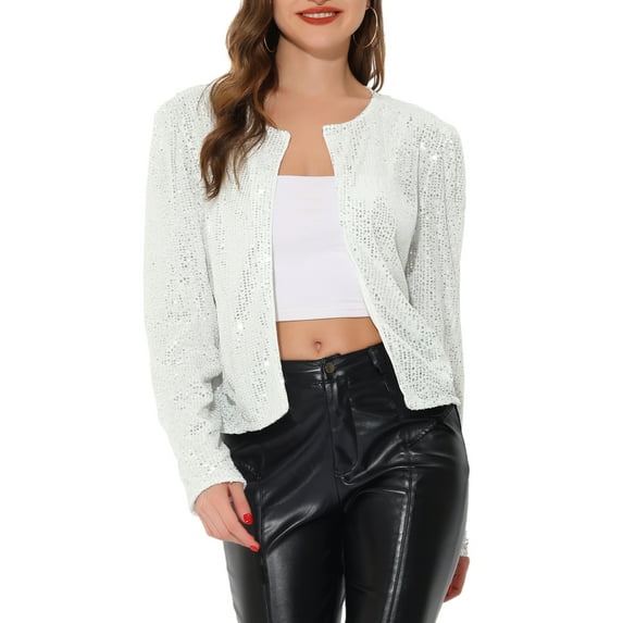 MODA NOVA Juniors Crop Open Front Blazer Puff Long Sleeve Sparkly Sequin Jackets