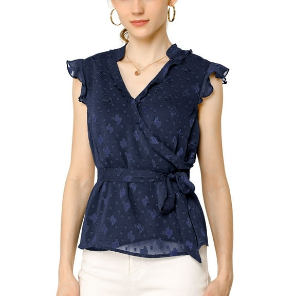 MODA NOVA Juniors Cross V Neck Ruffle Sleeveless Self Tie Waist Peplum Blouse