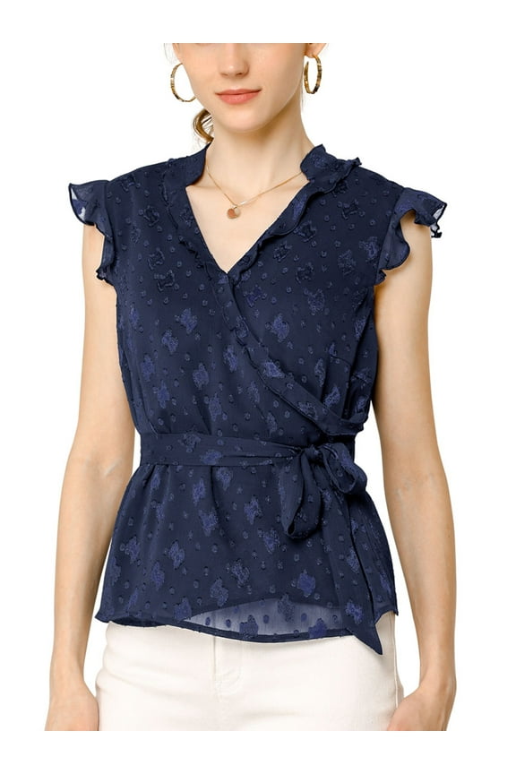 Juniors Cross V Neck Ruffle Sleeveless Self Tie Waist Peplum Blouse