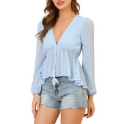 MODA NOVA Juniors Deep V Neck Drawstring Swiss Long Sleeves Blouse Tops Light Blue M
