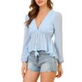 thumbnail image 1 of MODA NOVA Juniors Deep V Neck Drawstring Swiss Long Sleeves Blouse Tops Light Blue XS, 1 of 7