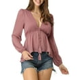 thumbnail image 1 of MODA NOVA Juniors Deep V Neck Drawstring Swiss Long Sleeves Blouse Tops Rose Red XL, 1 of 7