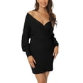 thumbnail image 1 of MODA NOVA Juniors Deep V Neck Wrap Lantern Sleeve Slim Fit Casual Fall Winter Mini Sweater Dress, 1 of 6