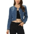 thumbnail image 1 of MODA NOVA Juniors Denim Collarless Button Down Long Sleeve Jean Jacket Blue XL, 1 of 5