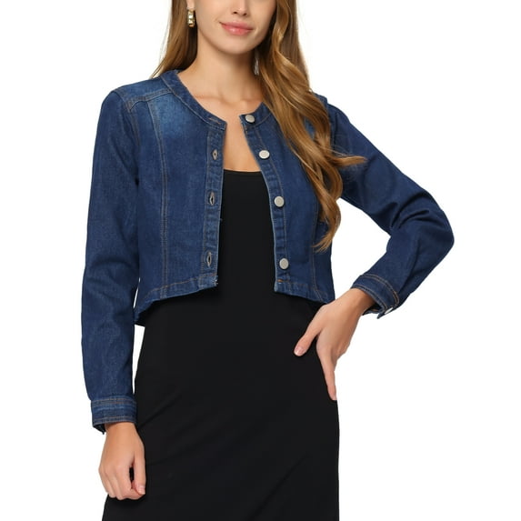 MODA NOVA Juniors Denim Collarless Button Down Long Sleeve Jean Jacket Dark Blue XL