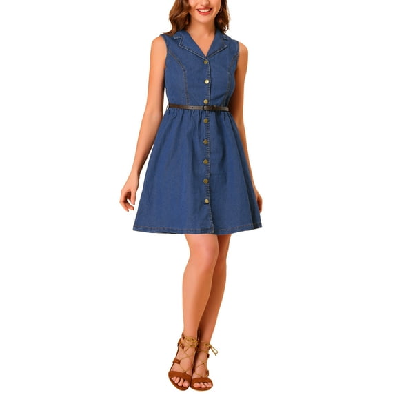 MODA NOVA Juniors Denim High Waist Button Front A-Line Sleeveless Shirt Dress