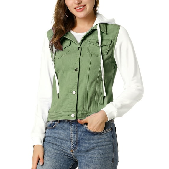 MODA NOVA Juniors Denim Jacket Button Down Long Sleeve Drawstring Hood Jean Jackets