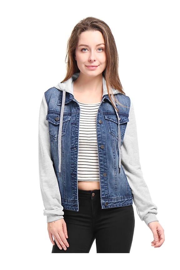 Juniors Denim Jacket Button Down Long Sleeve Drawstring Hood Jean Jackets