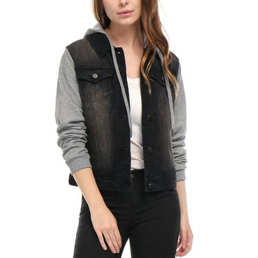 MODA NOVA Juniors Denim Jacket Button Down Long Sleeve Drawstring Hood Jean Jackets
