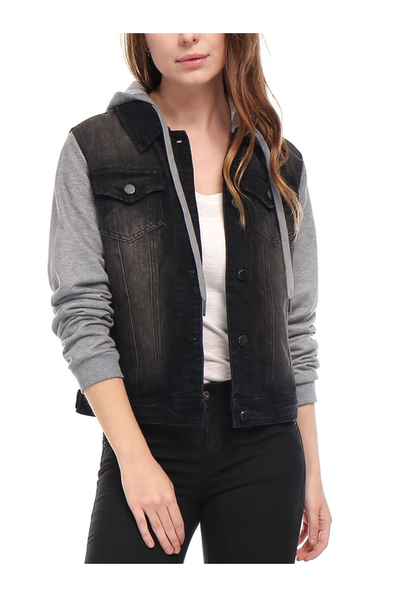 Juniors Denim Jacket Button Down Long Sleeve Drawstring Hood Jean Jackets