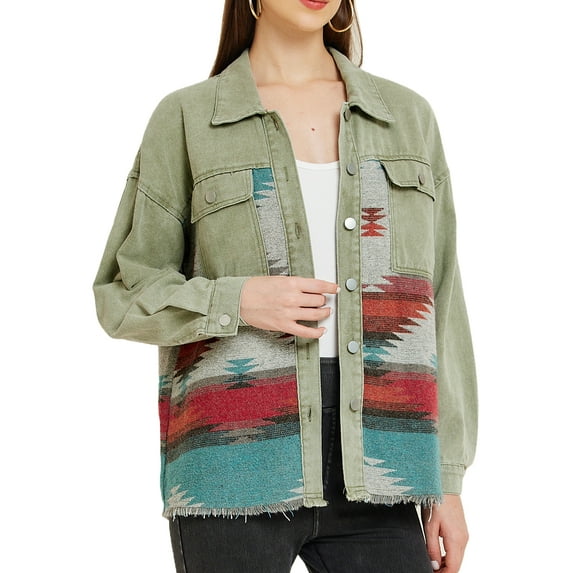 MODA NOVA Juniors Denim Jacket Lapel Long Sleeve Vintage Shacket Casual Wear M Green