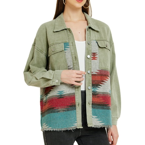 MODA NOVA Juniors Denim Jacket Lapel Long Sleeve Vintage Shacket Casual Wear XL Green