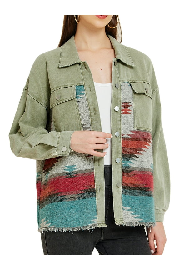 Juniors Denim Jacket Lapel Long Sleeve Vintage Shacket Casual Wear XL Green