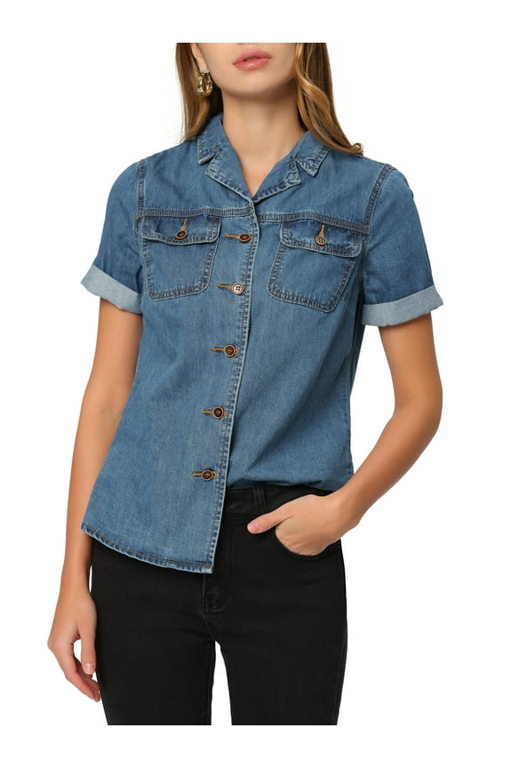Juniors Denim Shirt Collared Short Sleeve Chest Pocket Button Up Shirt Blue XL