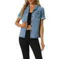 thumbnail image 1 of MODA NOVA Juniors' Denim Shirt Collared Short Sleeve Chest Pocket Button Up Shirts, 1 of 4