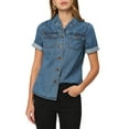 thumbnail image 1 of MODA NOVA Juniors' Denim Shirt Collared Short Sleeve Chest Pocket Button Up Shirts, 1 of 5
