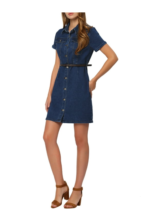 Juniors Denim Shirt Dress Collar Short Sleeve Belted Button Up Jean Dresses