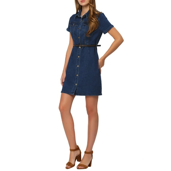 MODA NOVA Juniors Denim Shirt Dress Collar Short Sleeve Belted Button Up Jean Dresses