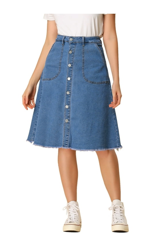 Juniors Denim Skirt Raw Hem Button Down A-Line Midi Jeans Skirts
