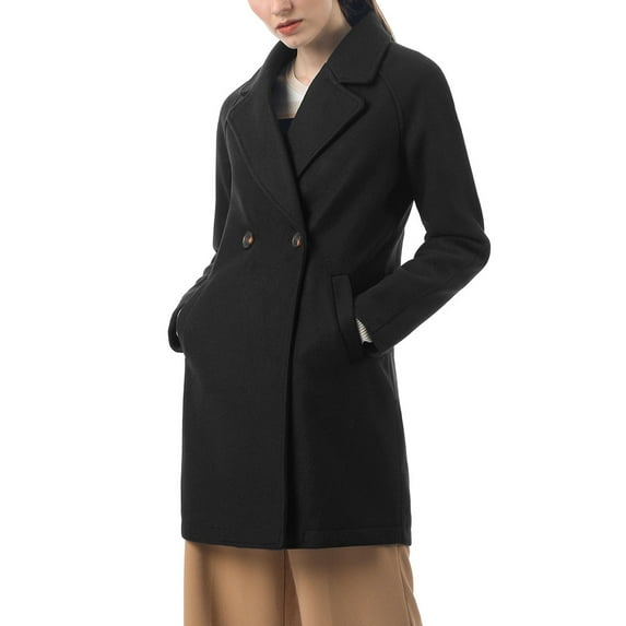 MODA NOVA Juniors Double Breasted Lapel Raglan Long Sleeve Mid Length Overcoat