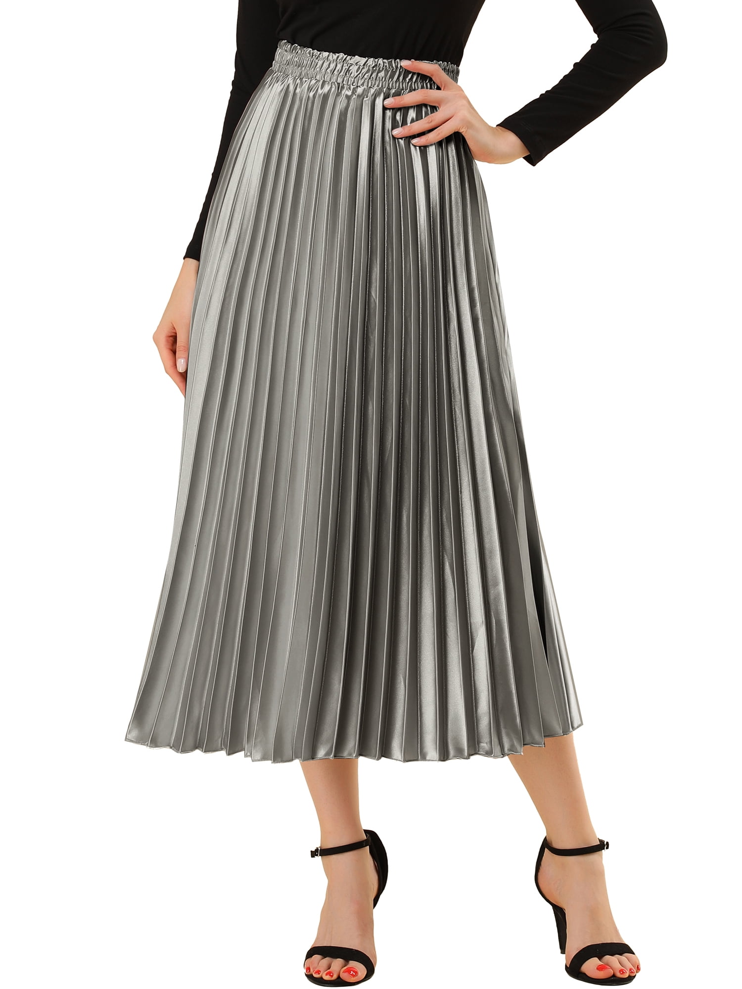 【Anyone more】Mode Pleated Midi Skirt MODA NOVA Juniors Elastic Waist Metallic Shiny Accordion