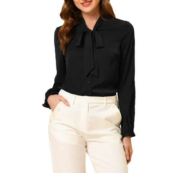 MODA NOVA Juniors Elegant Bow Tie Neck Blouse Long Sleeve Work Chiffon Shirt Black XS