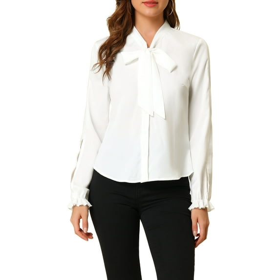 MODA NOVA Juniors Elegant Bow Tie Neck Blouse Long Sleeve Work Chiffon Shirt White S