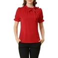 thumbnail image 1 of MODA NOVA Juniors Elegant Bow Tie Neck Short Sleeve Office Work Blouse, 1 of 6