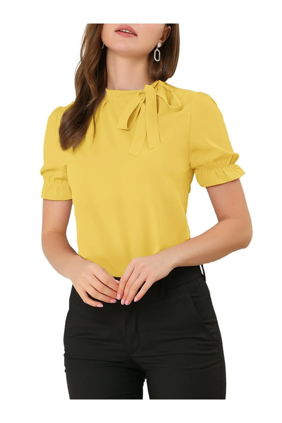 Juniors Elegant Bow Tie Neck Short Sleeve Office Work Blouse