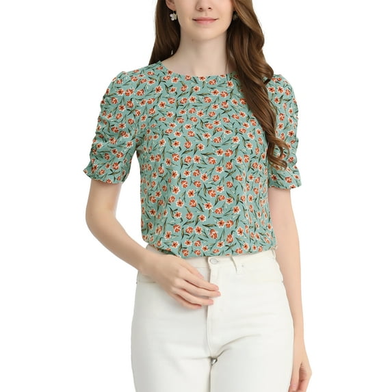 MODA NOVA Juniors Elegant Crew Neck Shirred Sleeve Keyhole Back Floral Blouse