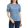 thumbnail image 1 of MODA NOVA Juniors Elegant Crew Neck Shirred Sleeve Keyhole Back Floral Blouse, 1 of 7