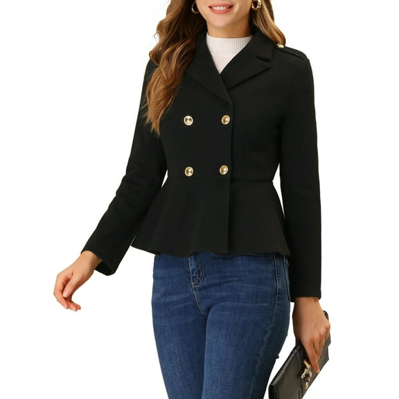 MODA NOVA Juniors Elegant Double Breasted Notched Lapel Long Sleeve Peplum Blazer Black XS