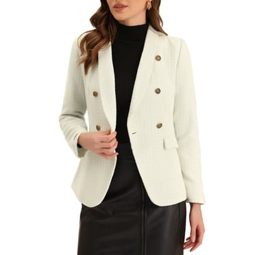 MODA NOVA Juniors Elegant Plaid Lapel Collar Tweed Blazer Jacket Beige S