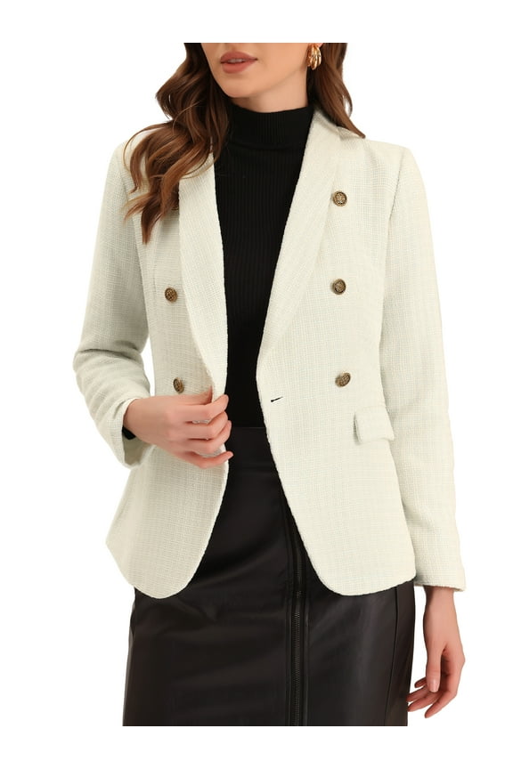 Juniors Elegant Plaid Lapel Collar Tweed Blazer Jacket Beige S