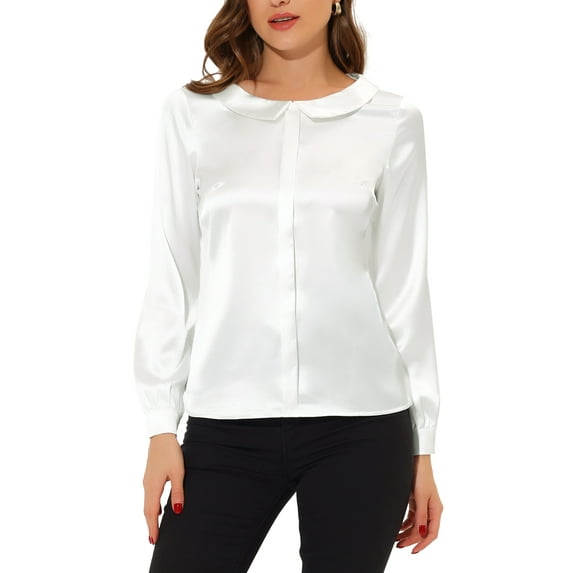 MODA NOVA Juniors Elegant Retro Peter Pan Collar Faux Placket Satin Work Shirt White XS