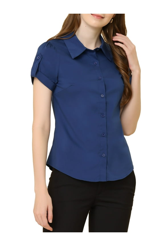 Juniors Elegant Short Sleeve Career Button Down Shirt Dark Blue 2XL