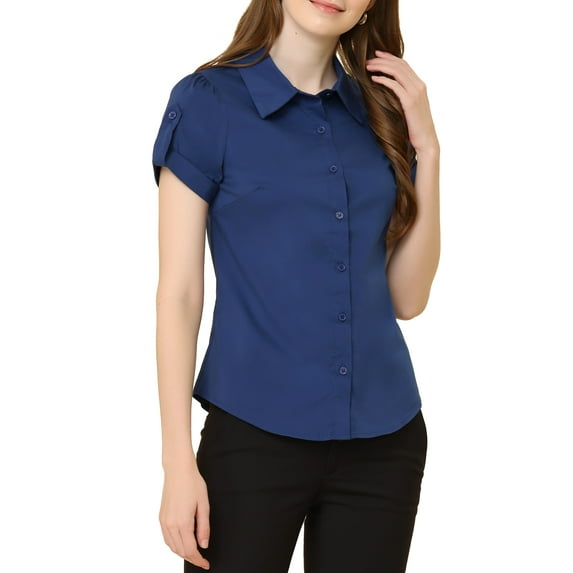 MODA NOVA Juniors Elegant Short Sleeve Career Button Down Shirt Dark Blue L