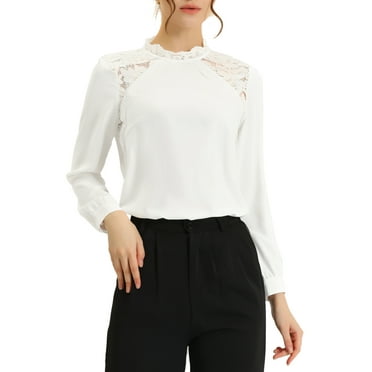 MODA NOVA Juniors Elegant Stand Collar Long Sleeve Lace Panel Blouse Top White XS