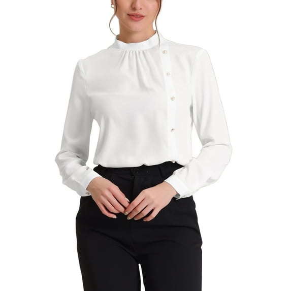 MODA NOVA Juniors Elegant Stand Collar Work Office Long Sleeve Blouse Shirts White XS