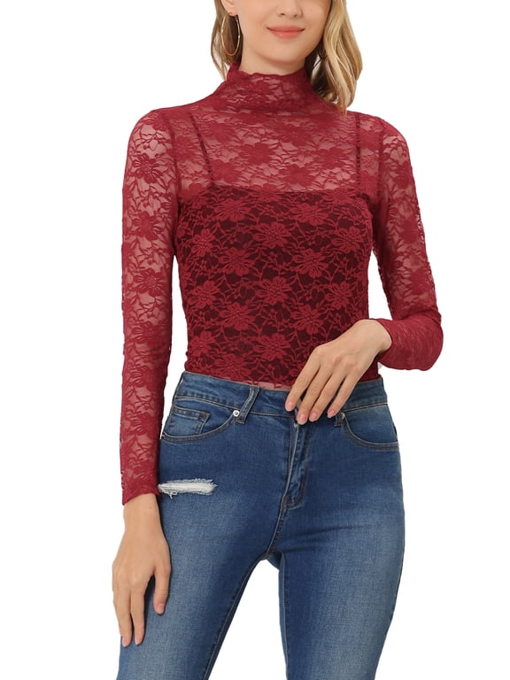Juniors Elegant Turtleneck Long Sleeve Floral Lace Semi-Sheer Blouse